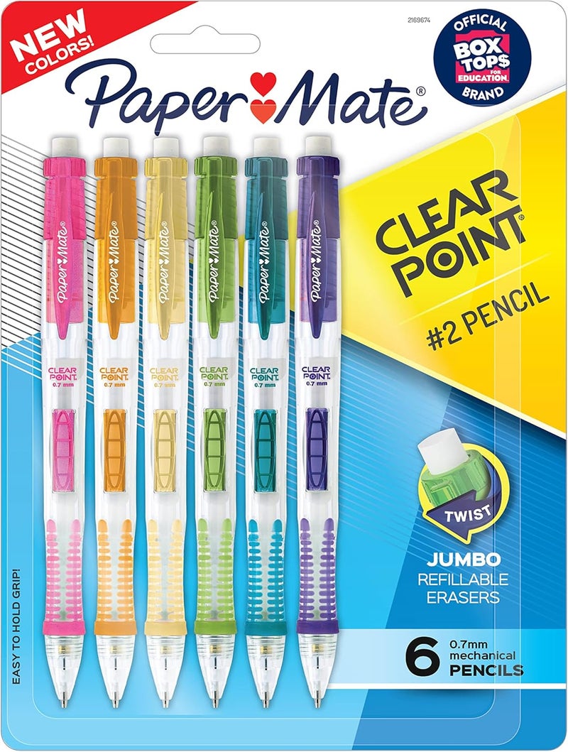 Papermate Clearpoint Mechanical Pencils, 0.7mm HB #2 Pencils, Assorted Barrel Colors, 6 Count - For Teacher, Office, School Supplies, Drawing, Drafting - Image 1